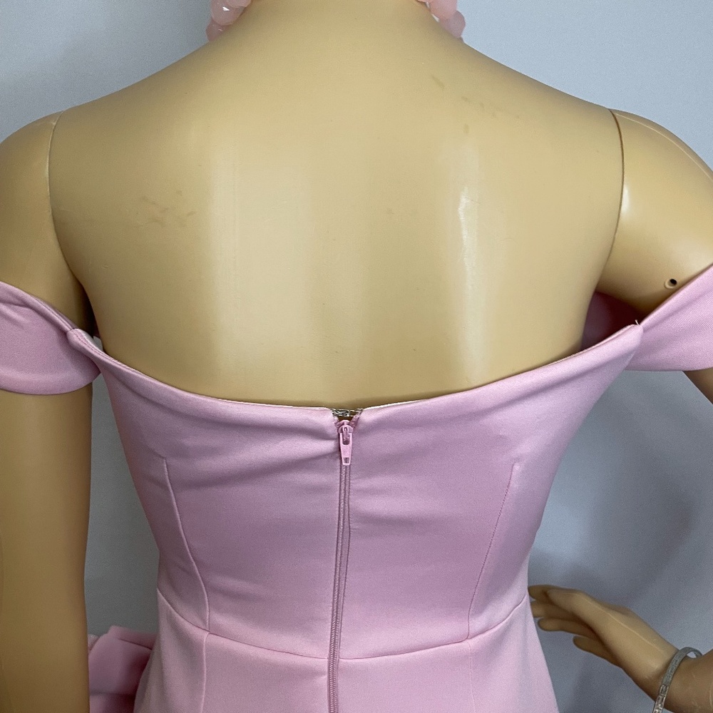 Baby pink off shoulder cutout twist fit flare mini dress w big ruffles and tulle - Picture 9 of 11